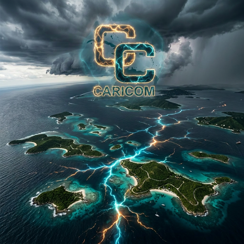 Glowing blue and orange lightning striking over tropical islands during a storm