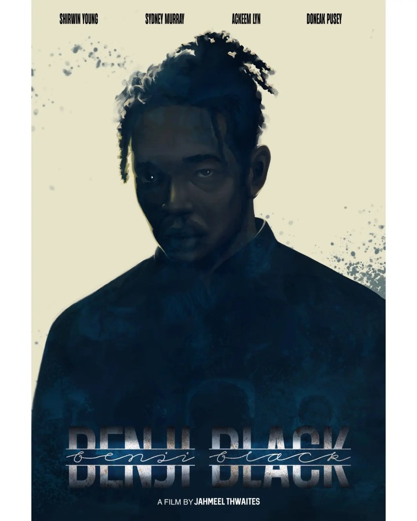 A digital poster for the film 'Benji Black' featuring a stylized portrait of a man with dark skin and braided hair, set against a blue and beige background. The title 'BENJI BLACK' is prominently displayed at the bottom, along with the filmmaker's name and cast details above.